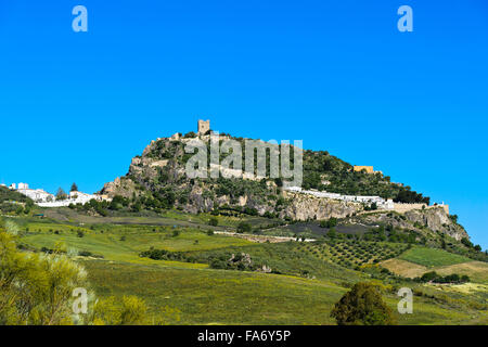 Hill with the keep of a Moorish castle, Zahara de la Sierra, Andalucía, Spain Stock Photo