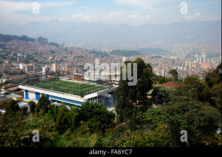 Sports ground overlooking city center, Comuna 8, Medellin, Antioquia Department, Colombia Stock Photo