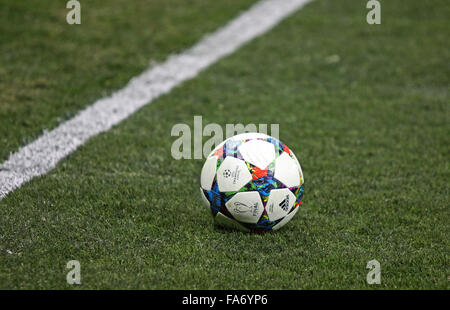 LVIV, UKRAINE - FEBRUARY 17, 2015: Close-up official UEFA Champions League season 2014-2015 ball on the grass during the game between Shakhtar Donetsk and FC Bayern Munich at Arena Lviv stadium Stock Photo