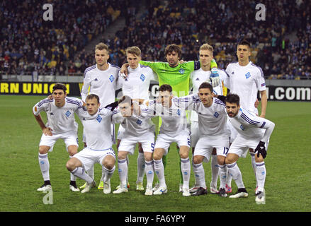 KYIV, UKRAINE - MARCH 19, 2015: FC Dynamo Kyiv players pose for a group photo before UEFA Europa League game against FC Everton at Olympic stadium in Kyiv Stock Photo