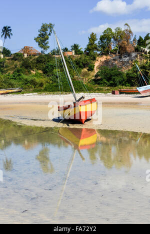 Panoramic View of Vilanculos Beach in Mozambique during low tide. One can see the various dhows resting in the sand. Stock Photo