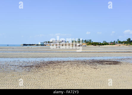 Panoramic View of Vilanculos Beach in Mozambique during low tide. One can see the various dhows resting in the sand. Stock Photo