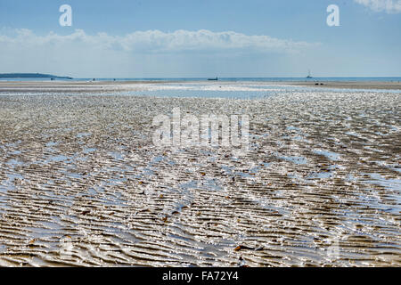 Panoramic View of Vilanculos Beach in Mozambique during low tide. One can see the various dhows resting in the sand. Stock Photo