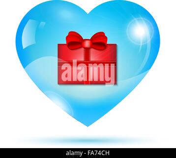 Red gift box inside a blue shiny heart Stock Vector