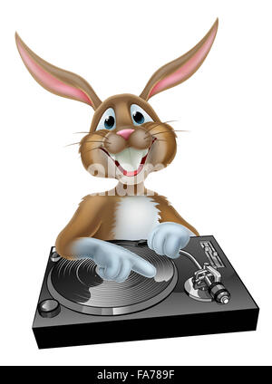 A cartoon Easter bunny music DJ mixing at the the decks or turn table Stock Photo