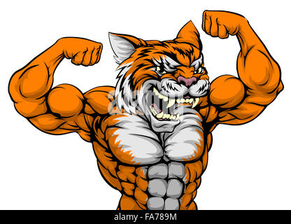 A tiger animal sports mascot showing off his huge bicep muscles Stock Photo