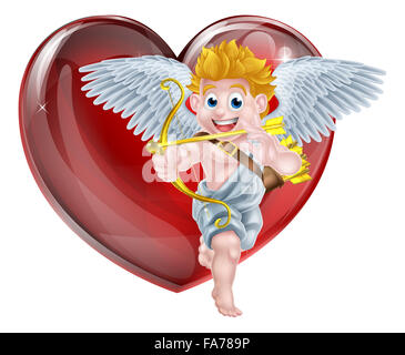 Cartoon valentines day cupid winged angel character shooting his gold bow and heart arrow in front of a big red valentines heart Stock Photo