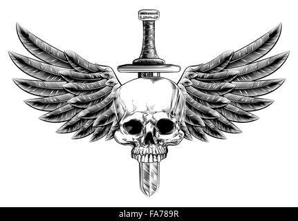 Original illustration of vintage woodcut style skull and sword with eagle bird or angel wings Stock Photo