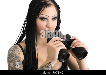 young stylish woman with binoculars Stock Photo