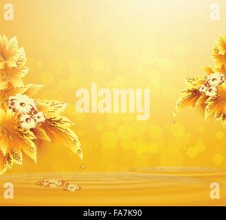 Autumn leaves and water drop on orange background Stock Vector