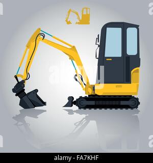 Yellow small digger builds roads, loads building material. Bagger digging of sand coal waste rock and gravel. Illustration Stock Vector