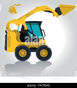 Yellow small digger builds roads, loads building material. Bagger digging of sand coal waste rock and gravel. Illustration Stock Vector