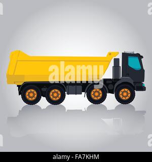 Yellow big truck transports roads. Cargo carrying of sand coal, waste rock and gravel. Golden flatten illustration master vector Stock Vector