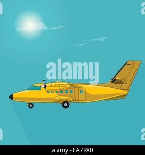 Nice yellow airplane on sky, flying plane on blue sky with sun - flatten isolated illustration master vector picture Stock Vector