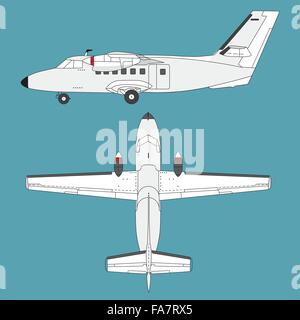 Nice white airplane on sky, flying plane, profile and top - flatten isolated illustration master vector picture Stock Vector