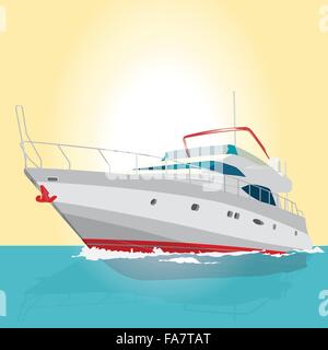 Nice red and white boat on on the sunny surface fishing on a ship background - flatten isolated illustration master vector Stock Vector