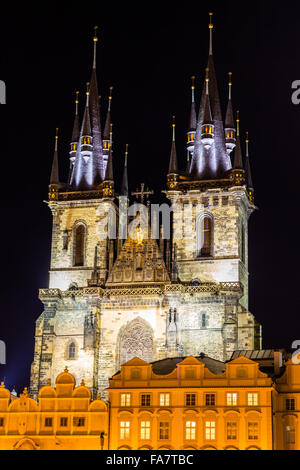 Prague Christmas market on Old Town Square with gothic Tyne cathedral Stock Photo