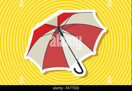 Nice classical red opened umbrella with rain on yellow stripes Master vector illustration flatten. Background for weather news. Stock Vector