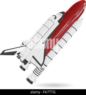 White and red nice space shuttle on white - nice flighting spaceship fuel tank - flatten isolated illustration master vector Stock Vector