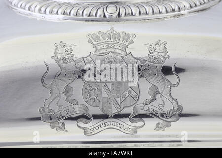 Coat of arms on an oblong entree dish by Paul Store, 1809, part of the silver collection at Ickworth, Suffolk. National Trust inventory number: 852103 Stock Photo