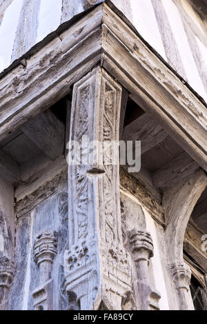 Detail of the carving at Lavenham Guildhall, Suffolk. The building dates from 1529 and was originally the hall of the Guild of Corpus Christi. Stock Photo