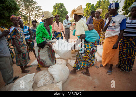 Small farmers receive sacks of seed and fertilizer at a distribution in Banfora Department, Burkina Faso. Stock Photo