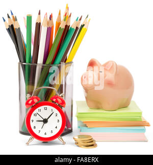 Alarm clock with piggy bank Stock Photo