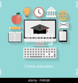 Online education concept, flat design with long shadow on turquoise background Stock Vector