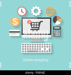 Online shopping concept, flat design with long shadow on turquoise background Stock Vector