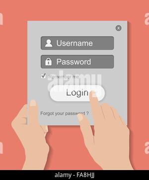 Women hands hold and touch login box on red background, vector Stock Vector