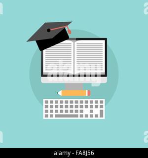 Online education concept, flat design of monitor with book, mortarboard and keyboard with long shadow on turquoise background Stock Vector