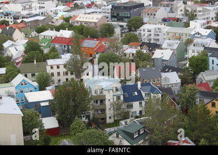 View from the observation deck of Hallgrimskirkja of buildings in downtown Reykjavik Iceland Europe