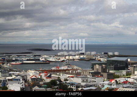View from the observation deck of Hallgrimskirkja overlooking central Reykjavik and harbour Iceland Europe Stock Photo