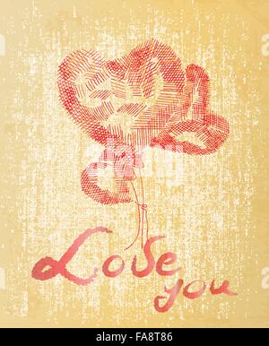 Hand drawing heart with quote 'Love you' on grunge textured background Stock Vector
