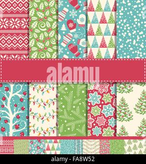 Set of 10 Seamless Bright Fun Christmas Winter Holidays Patterns Stock Vector