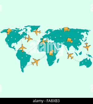 World map with air planes and trucks isolated on blue Stock Vector