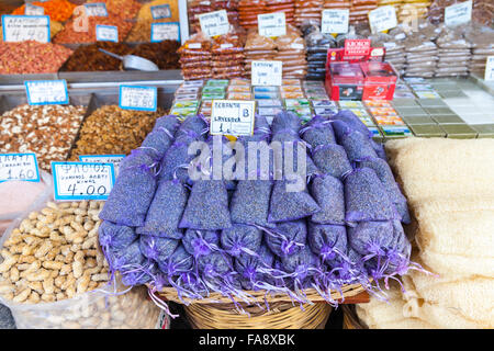 Lavender, nuts and dried fruit stall at Athens Central Market, also Dimotiki or Varvakios Agora, traditional food market halls Stock Photo