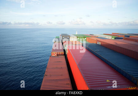 Containers stacked on the bow of Corte Real container ship, one of the largest container ships in the world. Stock Photo