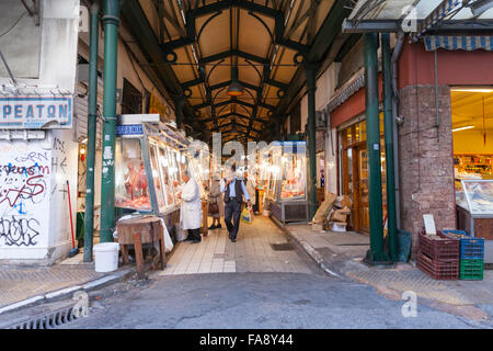 Athens Central Market, Varvakios Agora or Dimotiki Agora, traditional market halls selling fresh fish, meat and other food Stock Photo