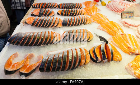 Fresh fish and salmon sold at Athens Central Market, public market halls, also called Varvakios Agora or Dimotiki Agora Stock Photo