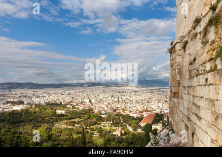 View from the entrance of the Acropolis of Athens towards the Ancient Agora and across the city of Athens, Greece Stock Photo