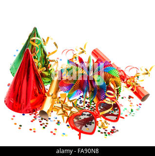 Party decoration with garlands, serpentine, cracker, hearth glasses and confetti Stock Photo