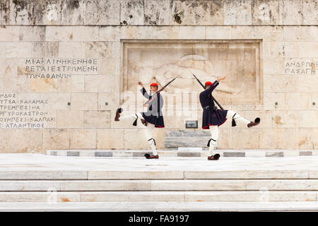 The Presidential Guards,called Evzones, at the tomb of the unknown soldier in front of the Hellenic (Greek) Parliament, Athens Stock Photo