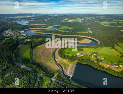 lowered water levels in the Biggetalsperre, low-water, repair of rockfill dam, camping, dam, Olpe, Sauerland Biggetalsperre, Stock Photo