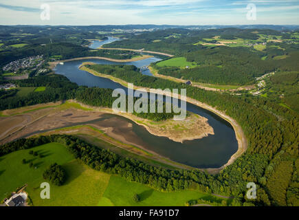 lowered water levels in the Biggetalsperre, low-water, repair of rockfill dam, camping, dam, Olpe, Sauerland Biggetalsperre, Stock Photo