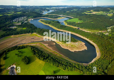 lowered water levels in the Biggetalsperre, low-water, repair of rockfill dam, camping, dam, Olpe, Sauerland Biggetalsperre, Stock Photo