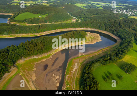 lowered water levels in the Biggetalsperre, low-water, repair of rockfill dam, camping, dam, Olpe, Sauerland Biggetalsperre, Stock Photo