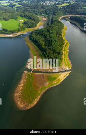 lowered water levels in the Biggetalsperre, low-water, repair of rockfill dam, camping, dam, Olpe, Sauerland Biggetalsperre, Stock Photo