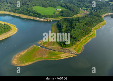 lowered water levels in the Biggetalsperre, low-water, repair of rockfill dam, camping, dam, Olpe, Sauerland Biggetalsperre, Stock Photo