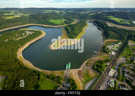 lowered water levels in the Biggetalsperre, low-water, repair of rockfill dam, camping, dam, Olpe, Sauerland Biggetalsperre, Stock Photo